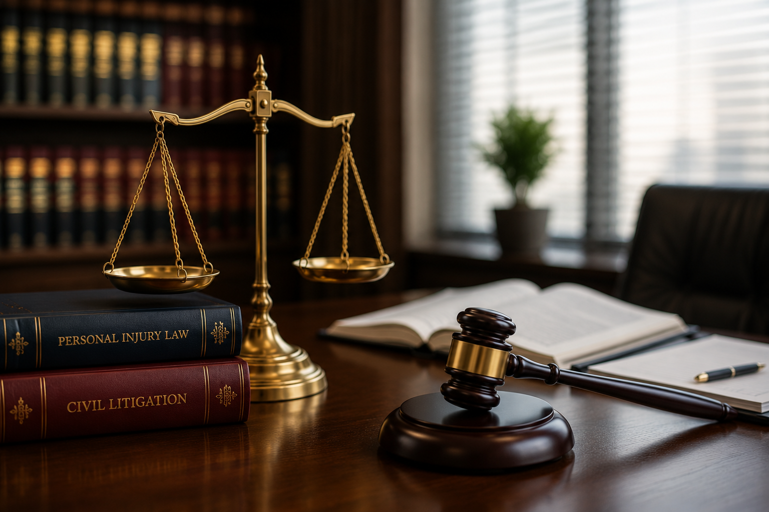 Law books, scales of justice, and gavel in a professional law office